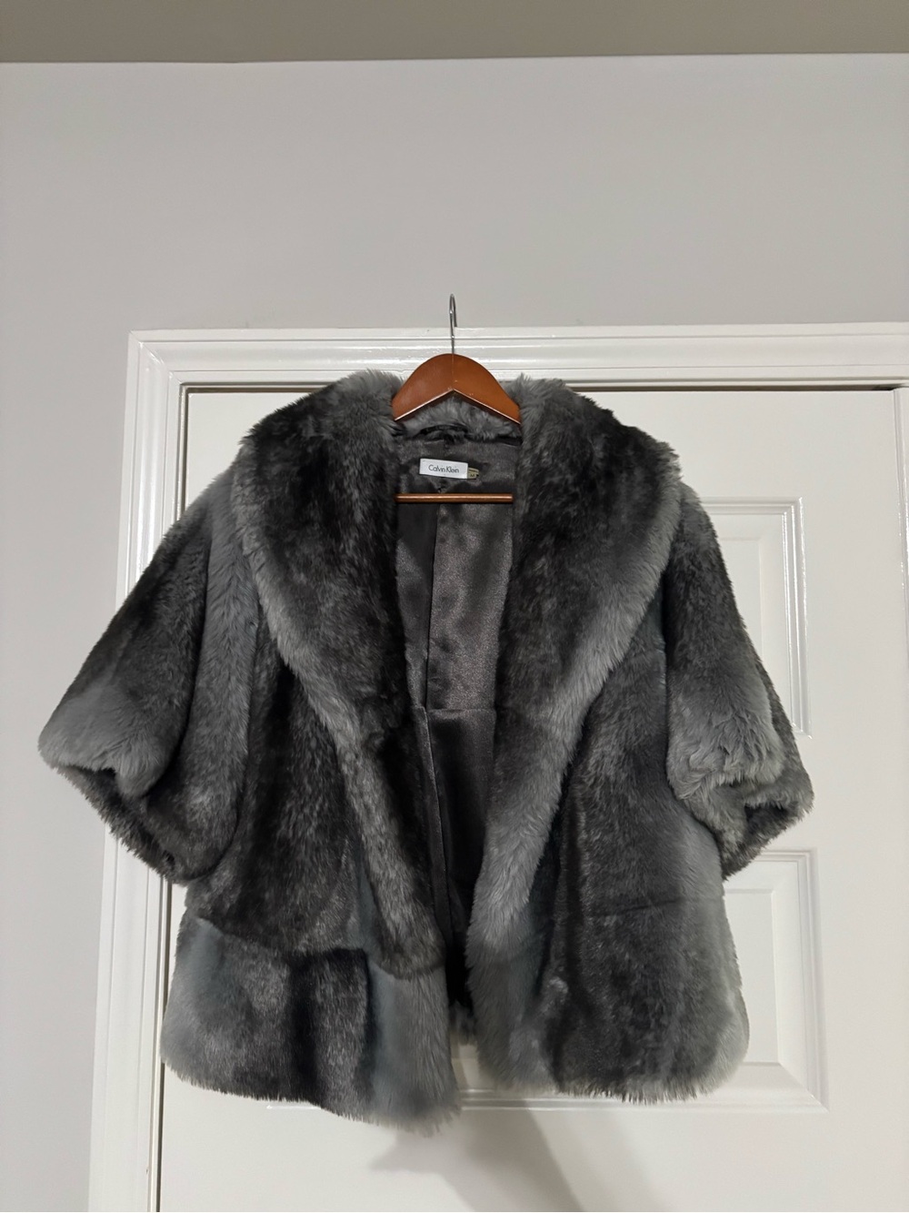 Calvin Klein Plush Gray Faux-Fur Short Jacket
